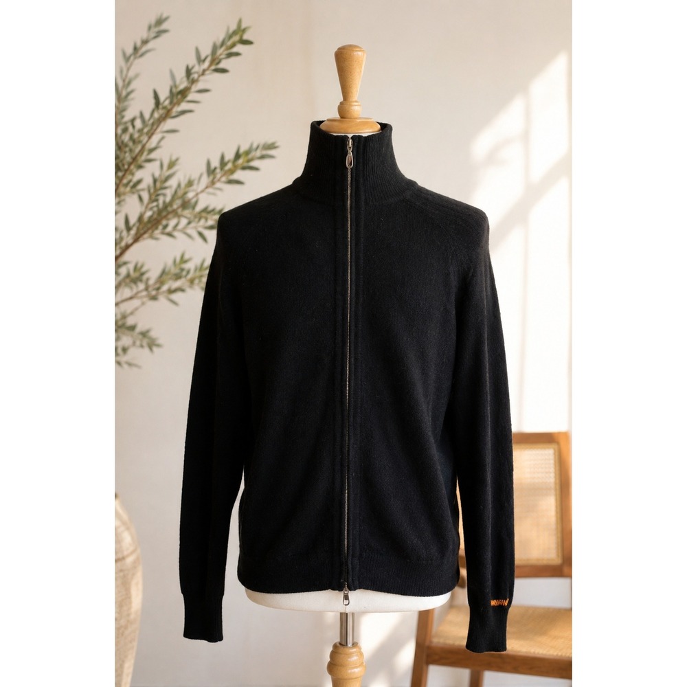 KJUS Mens Black 100% Lambswool Full Zip Mock Neck Sweater Size 52 L Logo